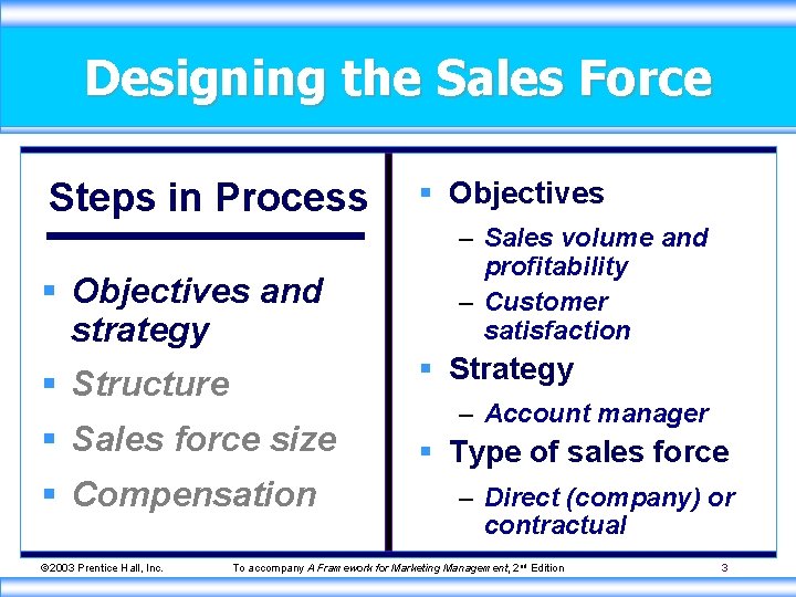 Designing the Sales Force Steps in Process § Objectives and strategy § Objectives –