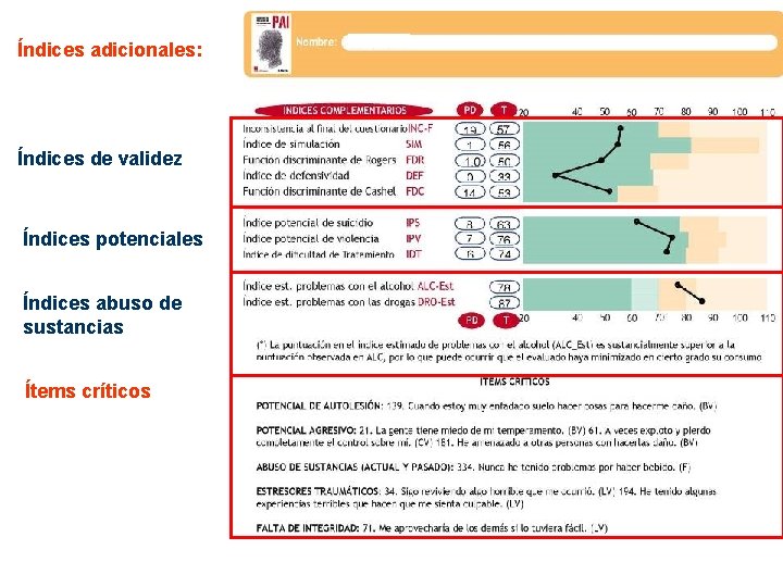 Índices adicionales: Índices de validez Índices potenciales Índices abuso de sustancias Ítems críticos 