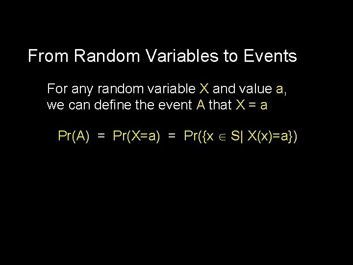 From Random Variables to Events For any random variable X and value a, we