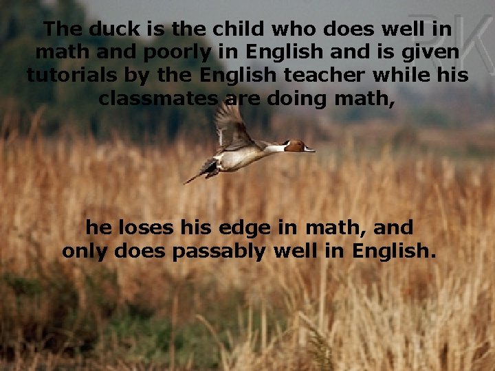 The duck is the child who does well in math and poorly in English