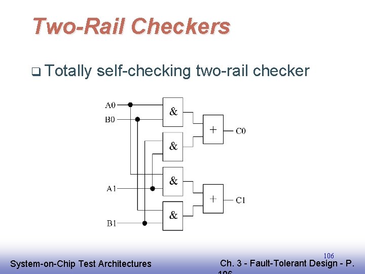 Two-Rail Checkers q Totally self-checking two-rail checker EE 141 System-on-Chip Test Architectures 106 Ch. Two-Rail Checkers q Totally self-checking two-rail checker EE 141 System-on-Chip Test Architectures 106 Ch.