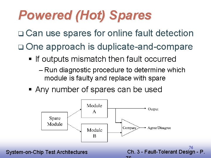 Powered (Hot) Spares q Can use spares for online fault detection q One approach Powered (Hot) Spares q Can use spares for online fault detection q One approach