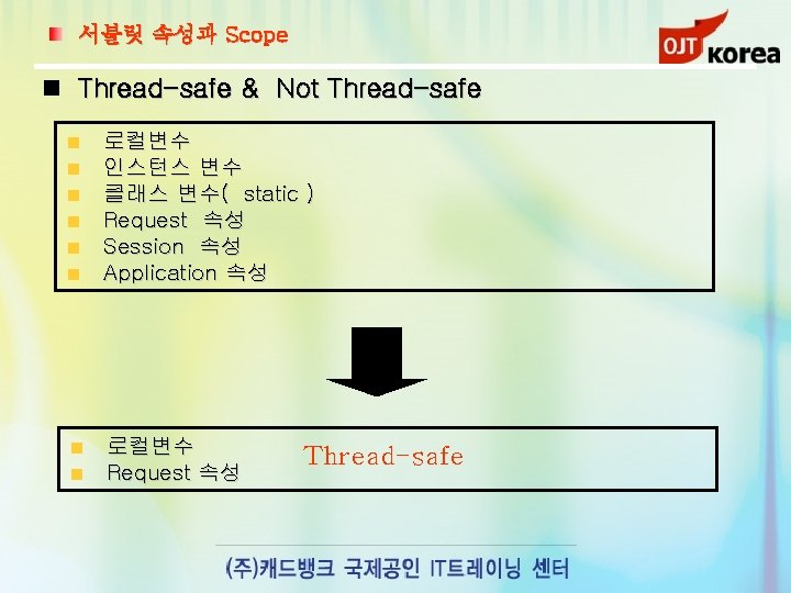 서블릿 속성과 Scope Thread-safe & Not Thread-safe 로컬변수 인스턴스 변수 클래스 변수( static )