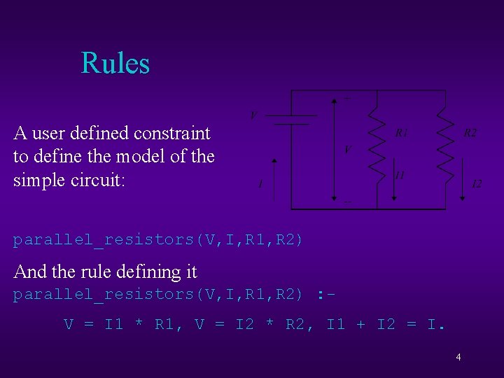 Rules A user defined constraint to define the model of the simple circuit: parallel_resistors(V,