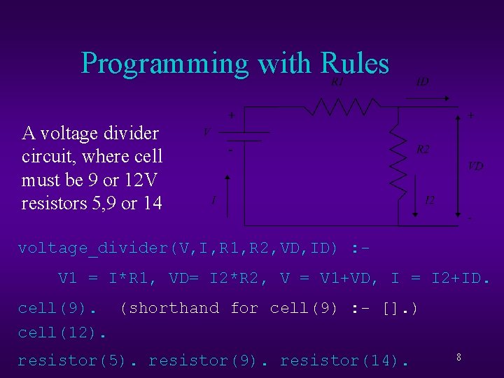 Programming with Rules A voltage divider circuit, where cell must be 9 or 12