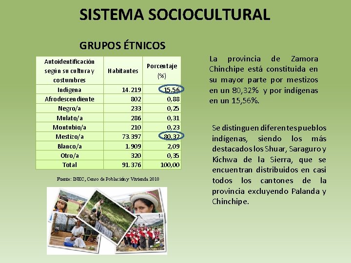 SISTEMA SOCIOCULTURAL GRUPOS ÉTNICOS Autoidentificación según su cultura y costumbres Indígena Afrodescendiente Negro/a Mulato/a