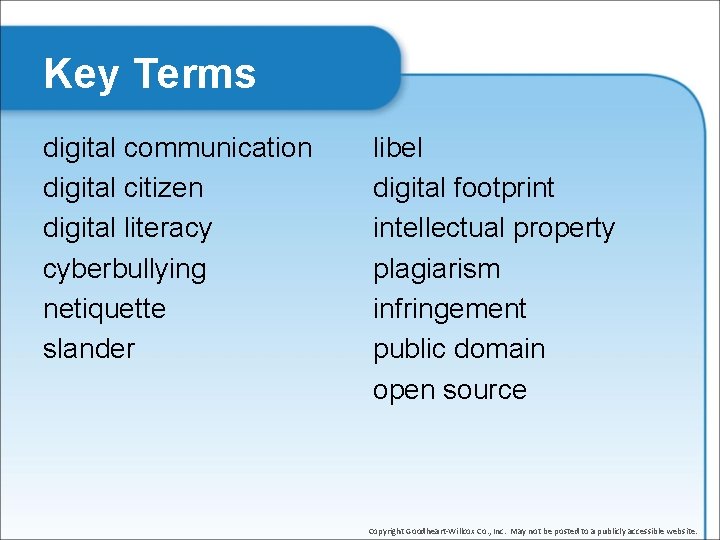 Key Terms digital communication digital citizen digital literacy cyberbullying netiquette slander libel digital footprint