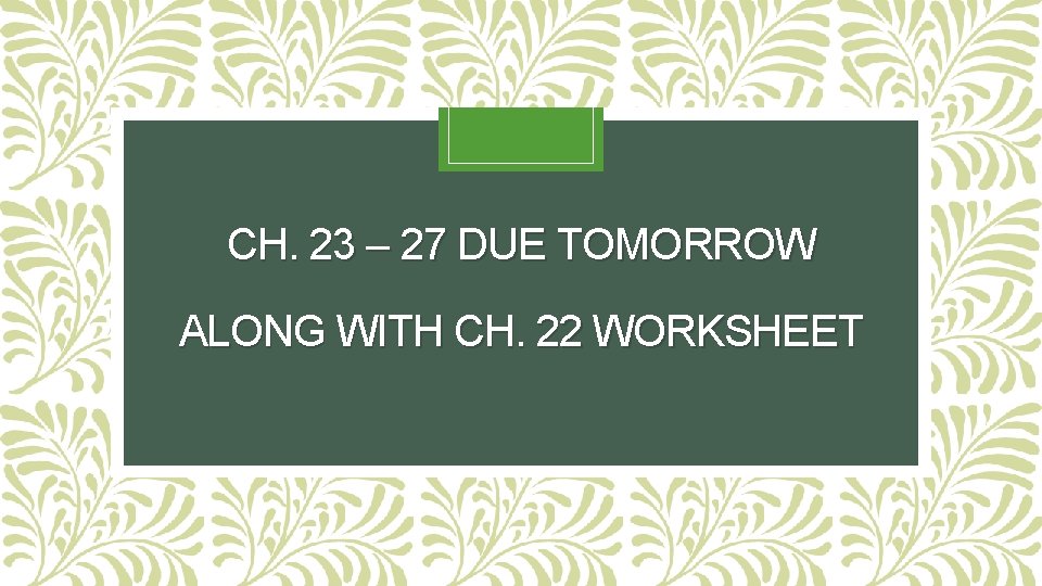 CH. 23 – 27 DUE TOMORROW ALONG WITH CH. 22 WORKSHEET CH. 23 – 27 DUE TOMORROW ALONG WITH CH. 22 WORKSHEET