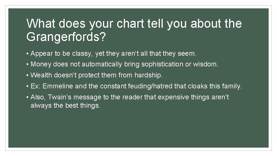 What does your chart tell you about the Grangerfords? • Appear to be classy, What does your chart tell you about the Grangerfords? • Appear to be classy,