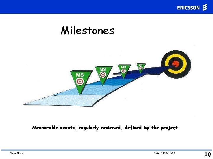 Milestones Measurable events, regularly reviewed, defined by the project. Juha Ilpala Date: 1999 -11 Milestones Measurable events, regularly reviewed, defined by the project. Juha Ilpala Date: 1999 -11