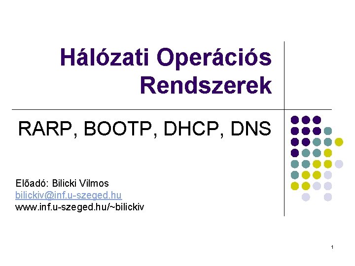 Hálózati Operációs Rendszerek RARP, BOOTP, DHCP, DNS Előadó: Bilicki Vilmos bilickiv@inf. u-szeged. hu www.