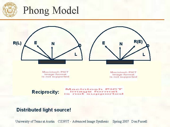 Phong Model R(L) E E N L N R(E) L Reciprocity: Distributed light source!