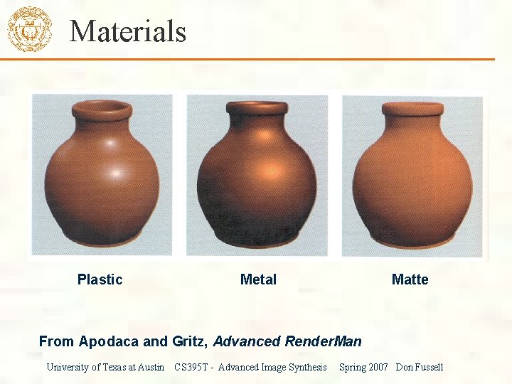 Materials Plastic Metal Matte From Apodaca and Gritz, Advanced Render. Man University of Texas