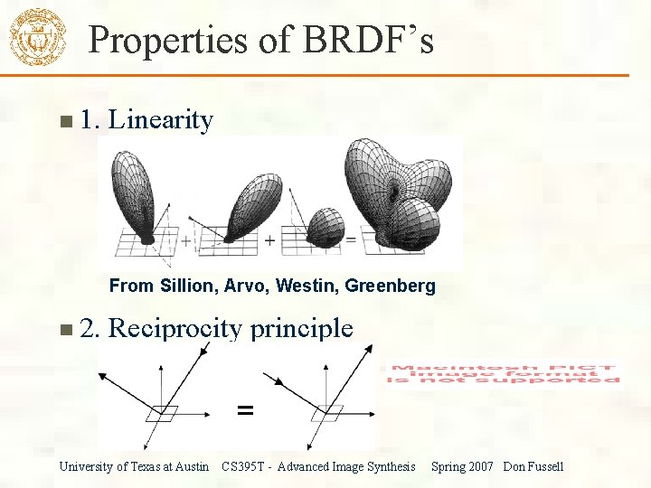 Properties of BRDF’s 1. Linearity From Sillion, Arvo, Westin, Greenberg 2. Reciprocity principle University Properties of BRDF’s 1. Linearity From Sillion, Arvo, Westin, Greenberg 2. Reciprocity principle University
