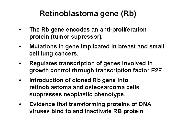 Retinoblastoma gene (Rb) • The Rb gene encodes an anti-proliferation protein (tumor supressor). •