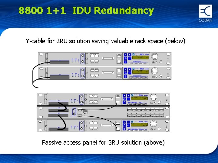 8800 1+1 IDU Redundancy Y-cable for 2 RU solution saving valuable rack space (below)