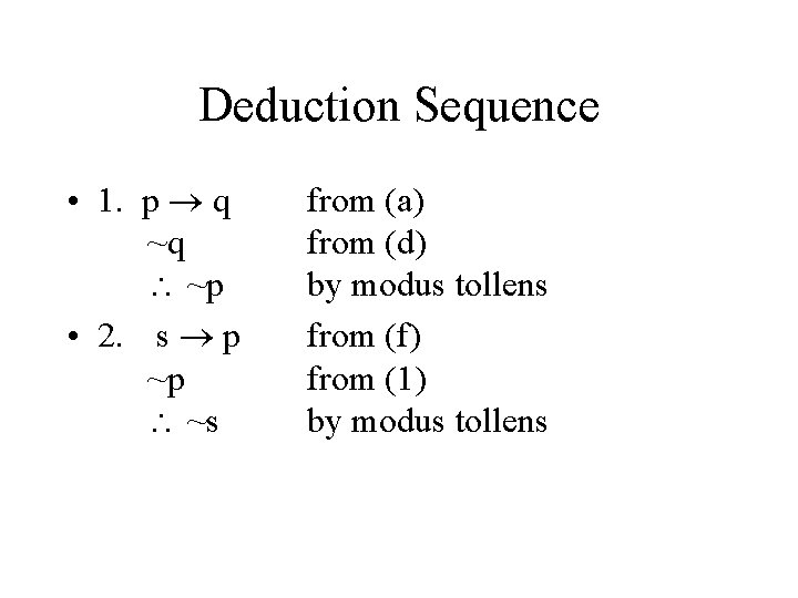 Deduction Sequence • 1. p q ~q ~p • 2. s p ~p ~s