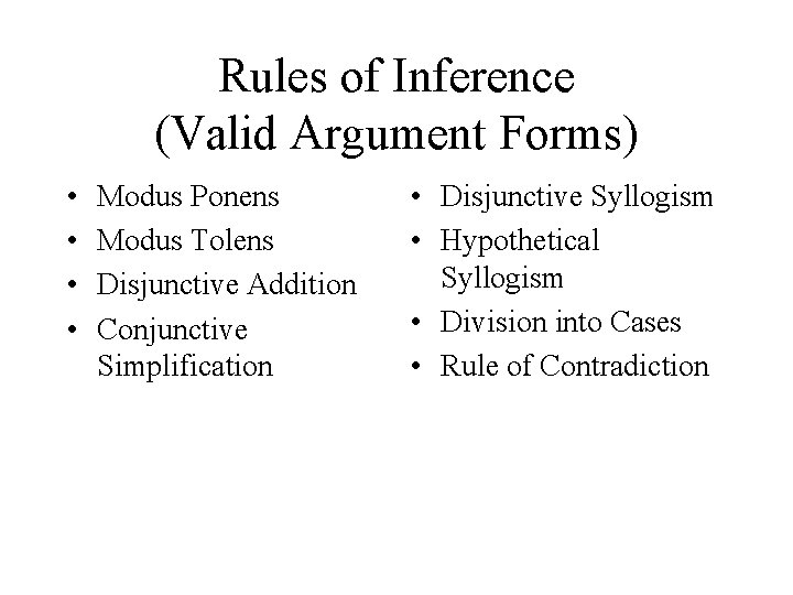 Rules of Inference (Valid Argument Forms) • • Modus Ponens Modus Tolens Disjunctive Addition