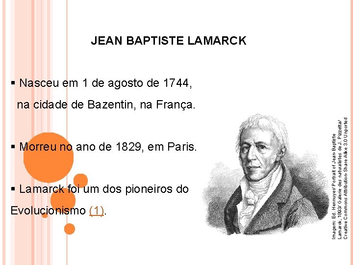 JEAN BAPTISTE LAMARCK § Nasceu em 1 de agosto de 1744, § Morreu no