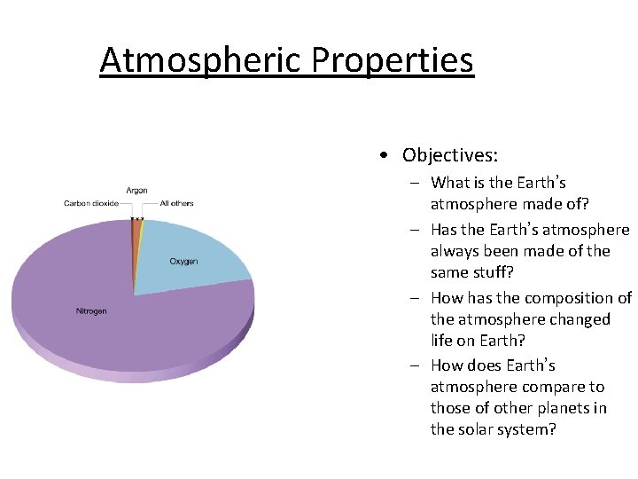 Atmospheric Properties • Objectives: – What is the Earth’s atmosphere made of? – Has