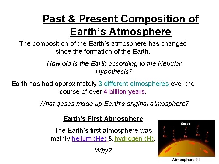 Past & Present Composition of Earth’s Atmosphere The composition of the Earth’s atmosphere has