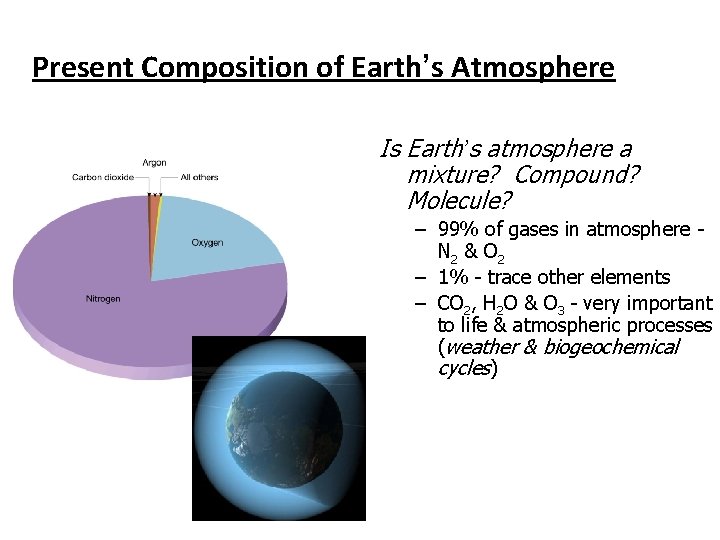 Present Composition of Earth’s Atmosphere Is Earth’s atmosphere a mixture? Compound? Molecule? – 99%