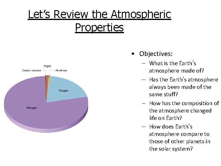 Let’s Review the Atmospheric Properties • Objectives: – What is the Earth’s atmosphere made