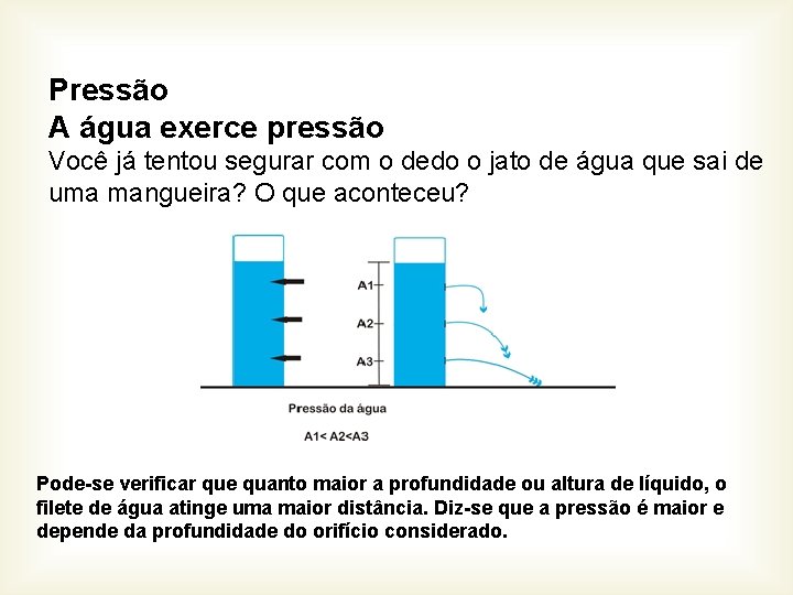 Pressão A água exerce pressão Você já tentou segurar com o dedo o jato