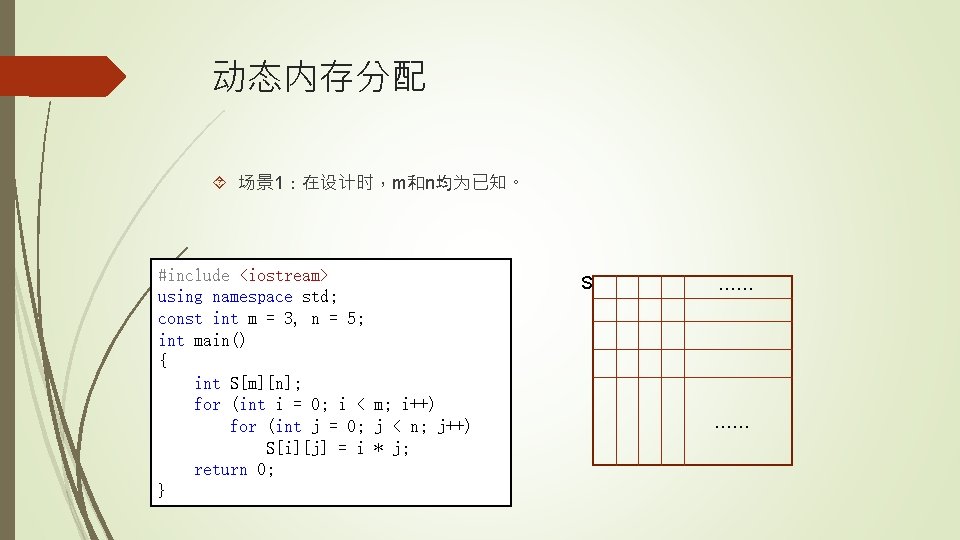 动态内存分配 场景 1：在设计时，m和n均为已知。 #include <iostream> using namespace std; const int m = 3, n