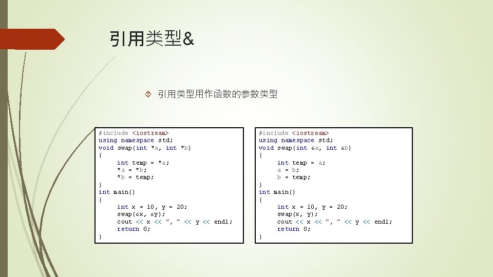 引用类型& 引用类型用作函数的参数类型 #include <iostream> using namespace std; void swap(int *a, int *b) { int