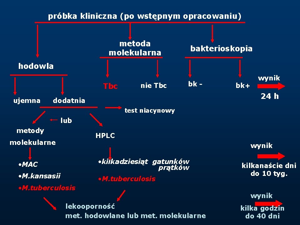 próbka kliniczna (po wstępnym opracowaniu) metoda molekularna bakterioskopia hodowla Tbc ujemna nie Tbc bk