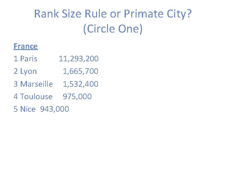 Rank Size Rule or Primate City? (Circle One) France 1 Paris 11, 293, 200