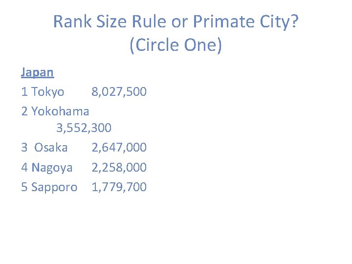 Rank Size Rule or Primate City? (Circle One) Japan 1 Tokyo 8, 027, 500