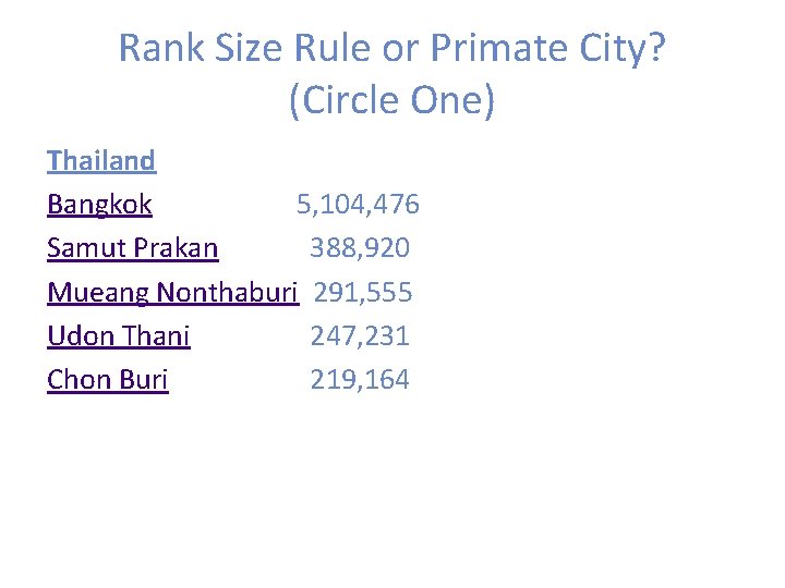 Rank Size Rule or Primate City? (Circle One) Thailand Bangkok 5, 104, 476 Samut
