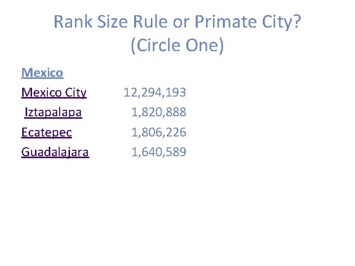 Rank Size Rule or Primate City? (Circle One) Mexico City Iztapalapa Ecatepec Guadalajara 12,