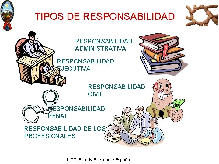 TIPOS DE RESPONSABILIDAD ADMINISTRATIVA RESPONSABILIDAD EJECUTIVA RESPONSABILIDAD CIVIL RESPONSABILIDAD PENAL RESPONSABILIDAD DE LOS PROFESIONALES