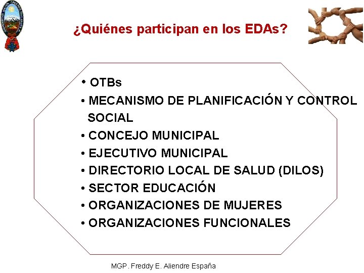 ¿Quiénes participan en los EDAs? • OTBs • MECANISMO DE PLANIFICACIÓN Y CONTROL SOCIAL