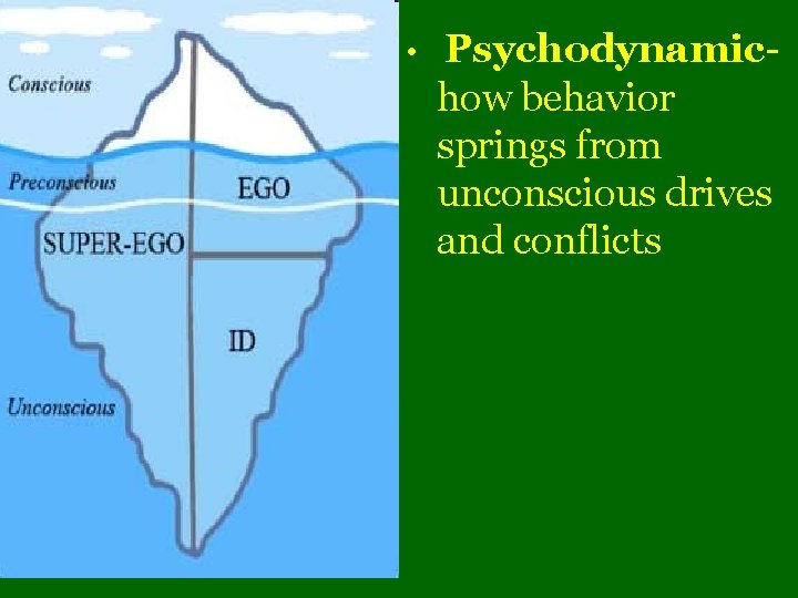  • Psychodynamic- how behavior springs from unconscious drives and conflicts 