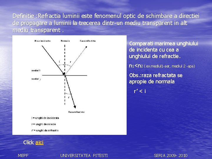 Definitie : Refractia luminii este fenomenul optic de schimbare a directiei de propagare a