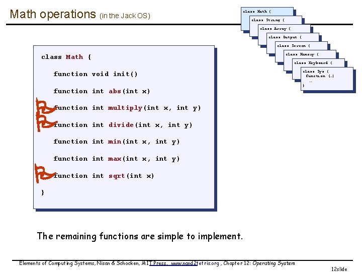 Math operations (in the Jack OS) class Math { class String { class Array