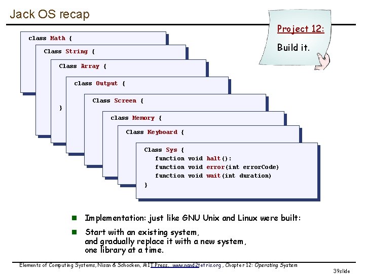 Jack OS recap Project 12: class Math { function void init() Class String {