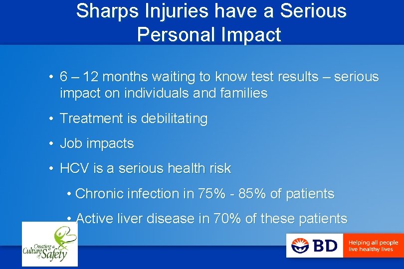 Sharps Injuries have a Serious Personal Impact • 6 – 12 months waiting to