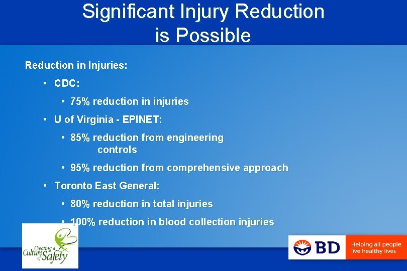 Significant Injury Reduction is Possible Reduction in Injuries: • CDC: • 75% reduction in