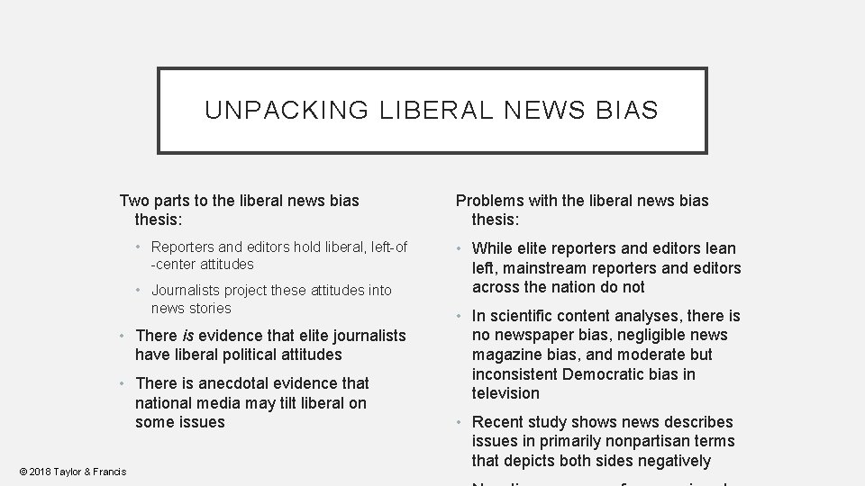 UNPACKING LIBERAL NEWS BIAS Two parts to the liberal news bias thesis: • Reporters