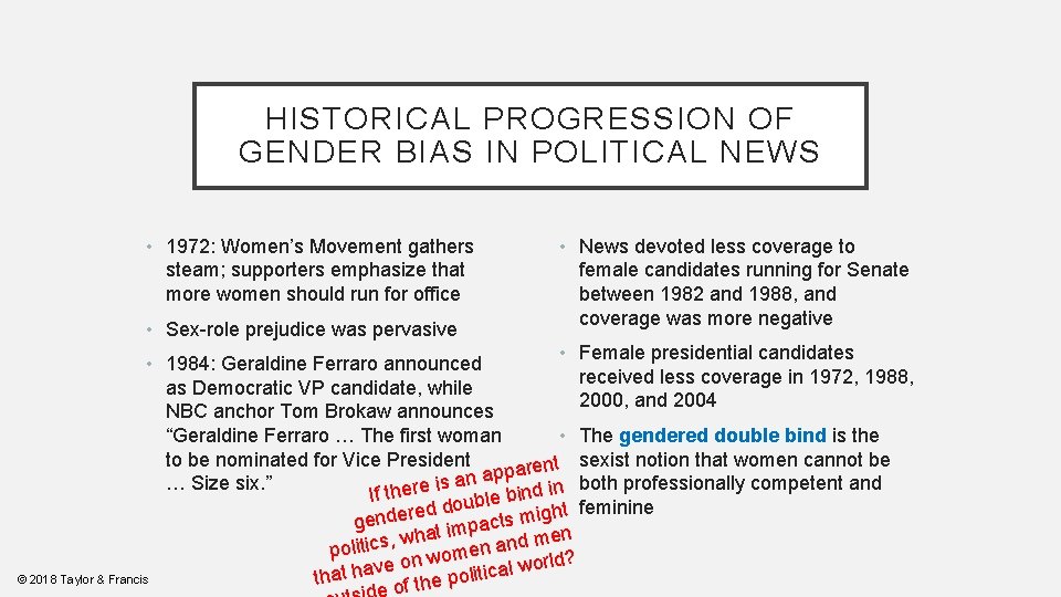 HISTORICAL PROGRESSION OF GENDER BIAS IN POLITICAL NEWS • 1972: Women’s Movement gathers steam;