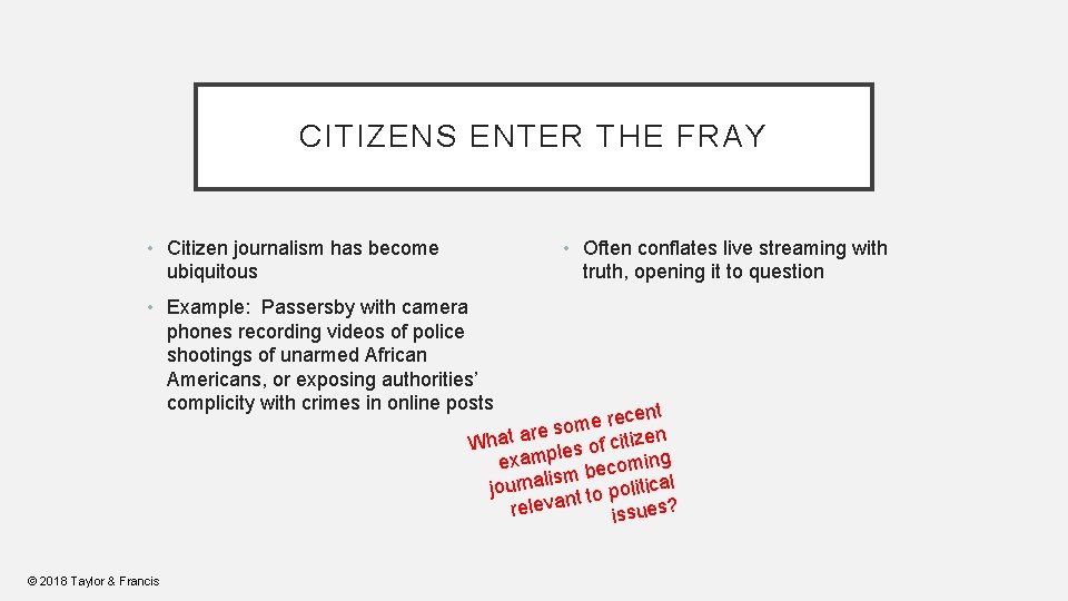 CITIZENS ENTER THE FRAY • Citizen journalism has become ubiquitous • Often conflates live