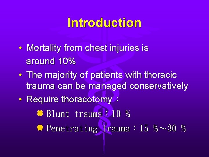 Introduction • Mortality from chest injuries is around 10% • The majority of patients