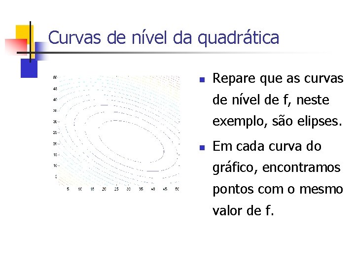 Curvas de nível da quadrática n Repare que as curvas de nível de f,
