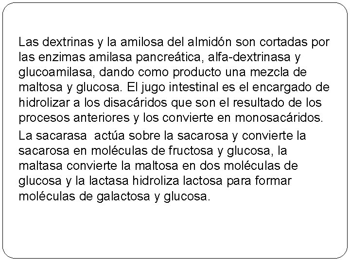 Las dextrinas y la amilosa del almidón son cortadas por las enzimas amilasa pancreática,