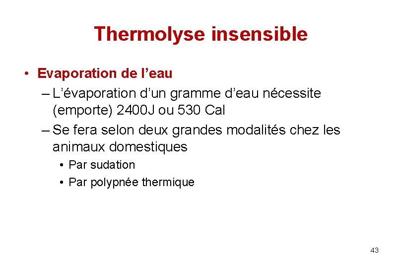 Thermolyse insensible • Evaporation de l’eau – L’évaporation d’un gramme d’eau nécessite (emporte) 2400
